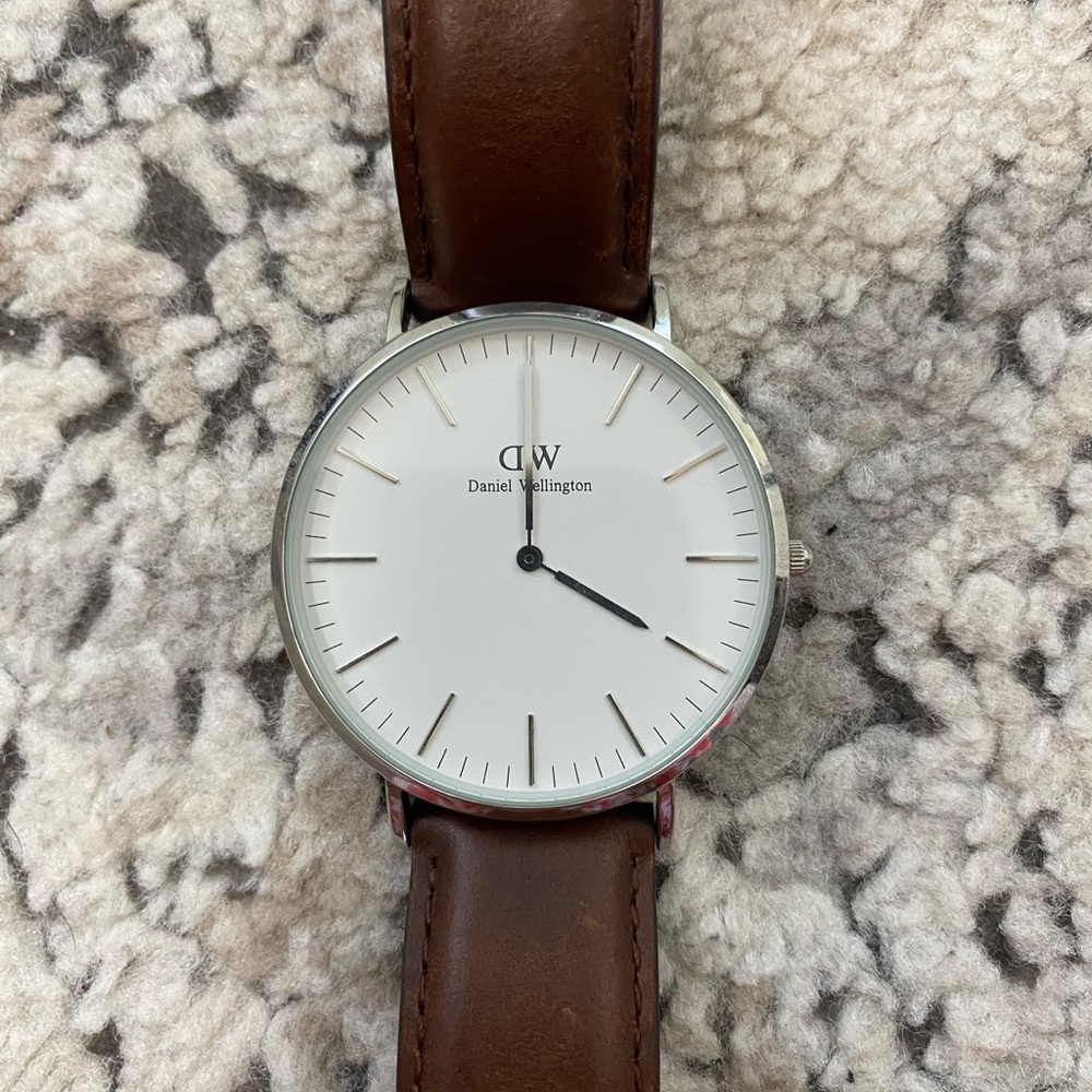 Daniel Wellington Silver Case Watch with Brown Leather Strap